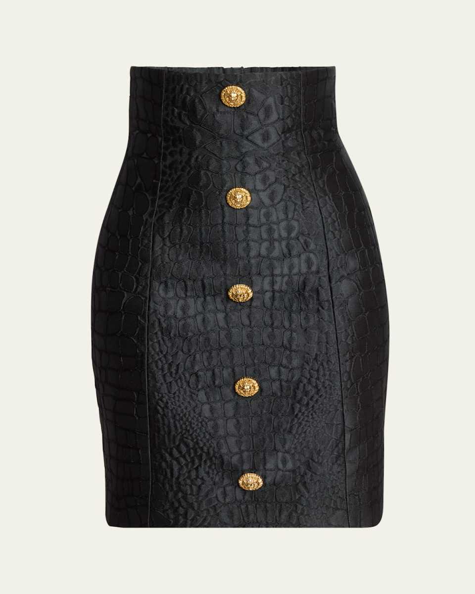 Croco Jacquard Button-Front Mini Pencil Skirt